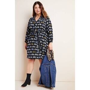 Maeve Pippa Bicycle Shirtdress Size 3X Blue Black Long Sleeve Work Anthropologie